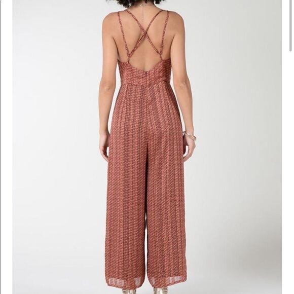 Molly Bracken Geo Print Strappy Retro Rust Jumpsuit NWT - Picture 2 of 7